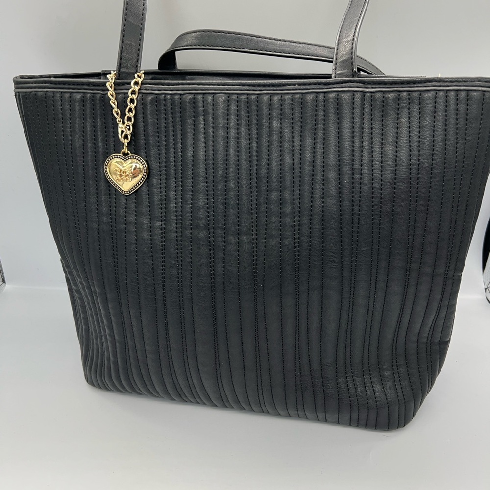 Black Betsy Johnson  Quilted Vertical-Stitch Tote Bag with Gold Heart Charm